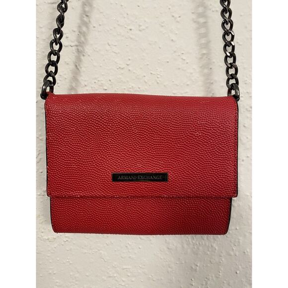 Armani Exchange Red Pebbled Leather Crossbody Wallet with Metal Chain Strap - Picture 1 of 8